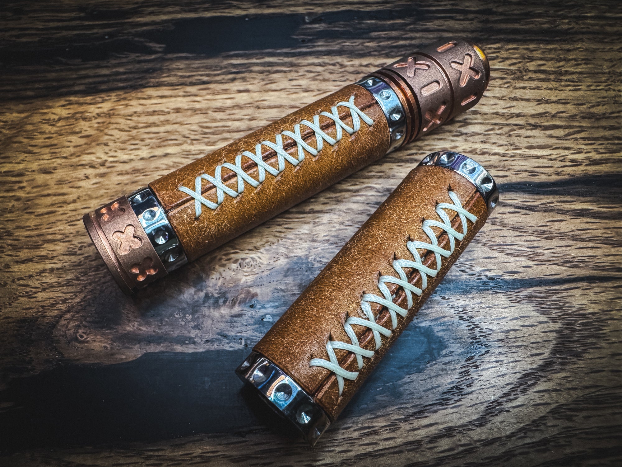 Stainless Steel Spandle - Hand Wrapped in Cognac Italian Leather