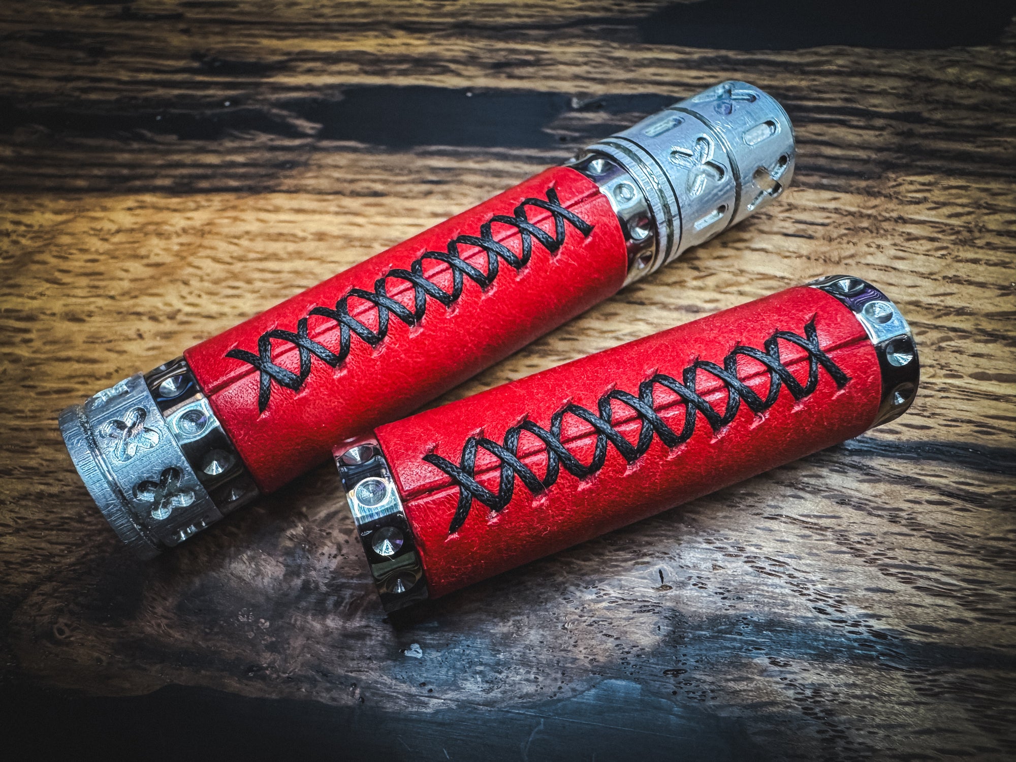 Stainless Steel Spandle - Hand Wrapped in Red Italian Leather