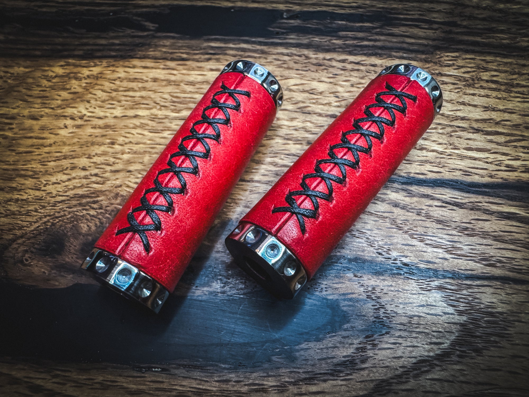 Stainless Steel Spandle - Hand Wrapped in Red Italian Leather