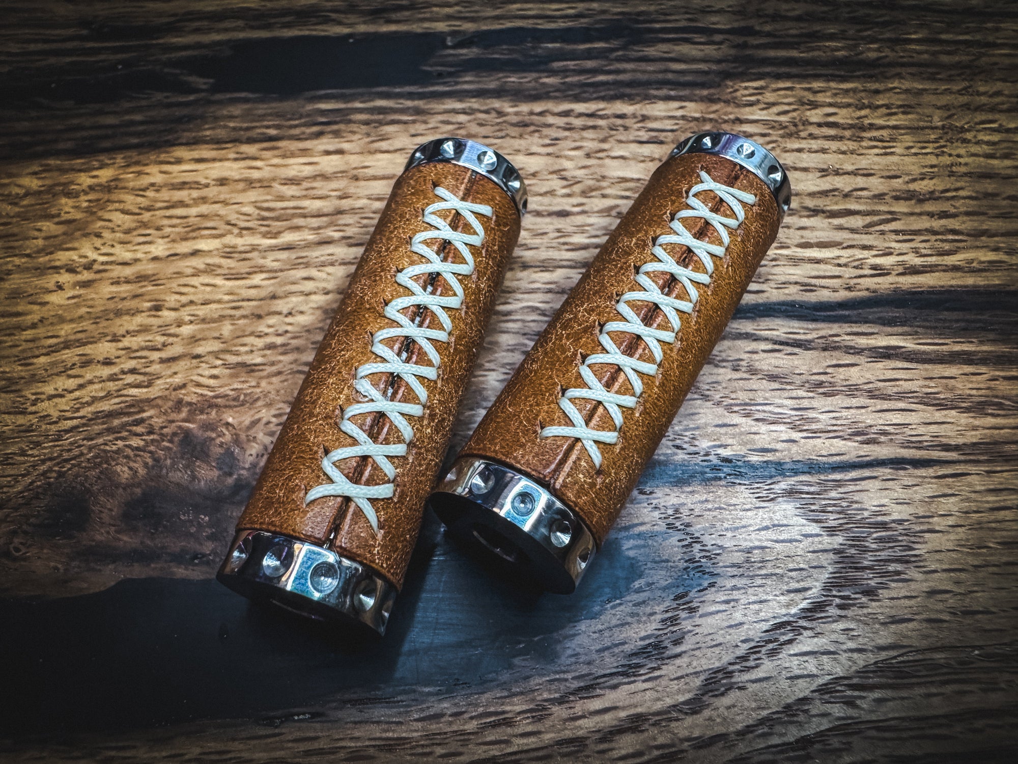 Stainless Steel Spandle - Hand Wrapped in Cognac Italian Leather