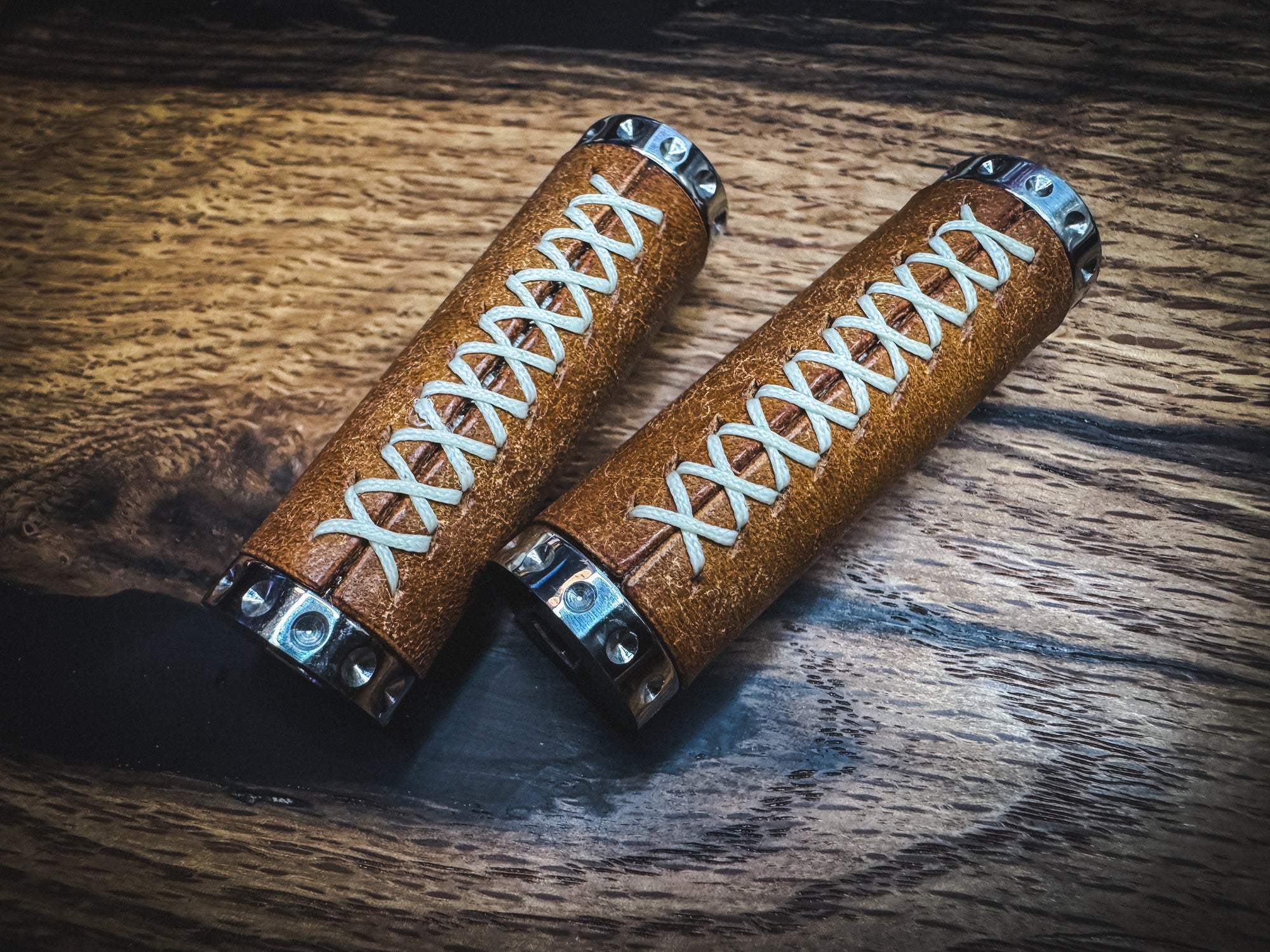 Stainless Steel Spandle - Hand Wrapped in Cognac Italian Leather