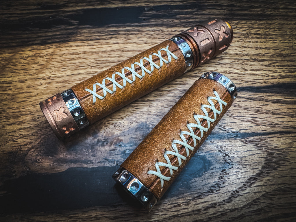 Stainless Steel Spandle - Hand Wrapped in Cognac Italian Leather