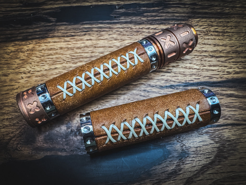 Stainless Steel Spandle - Hand Wrapped in Cognac Italian Leather