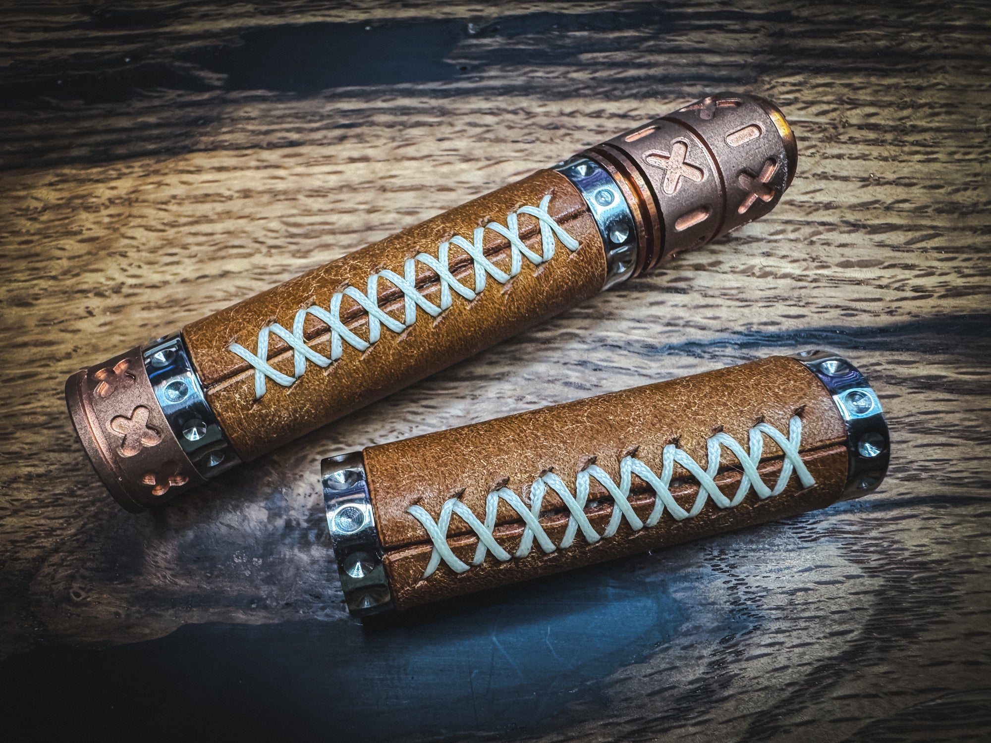 Stainless Steel Spandle - Hand Wrapped in Cognac Italian Leather