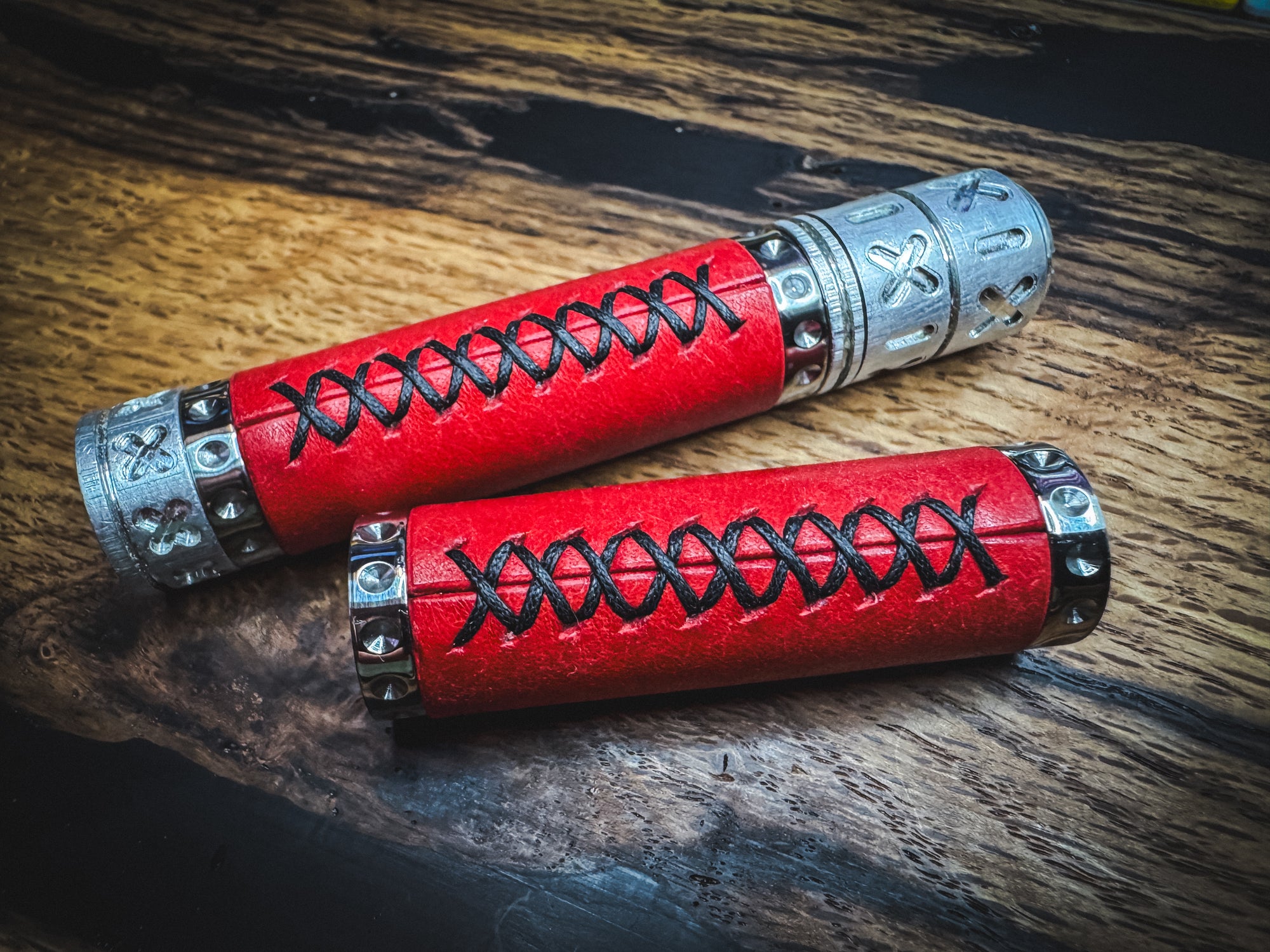 Stainless Steel Spandle - Hand Wrapped in Red Italian Leather
